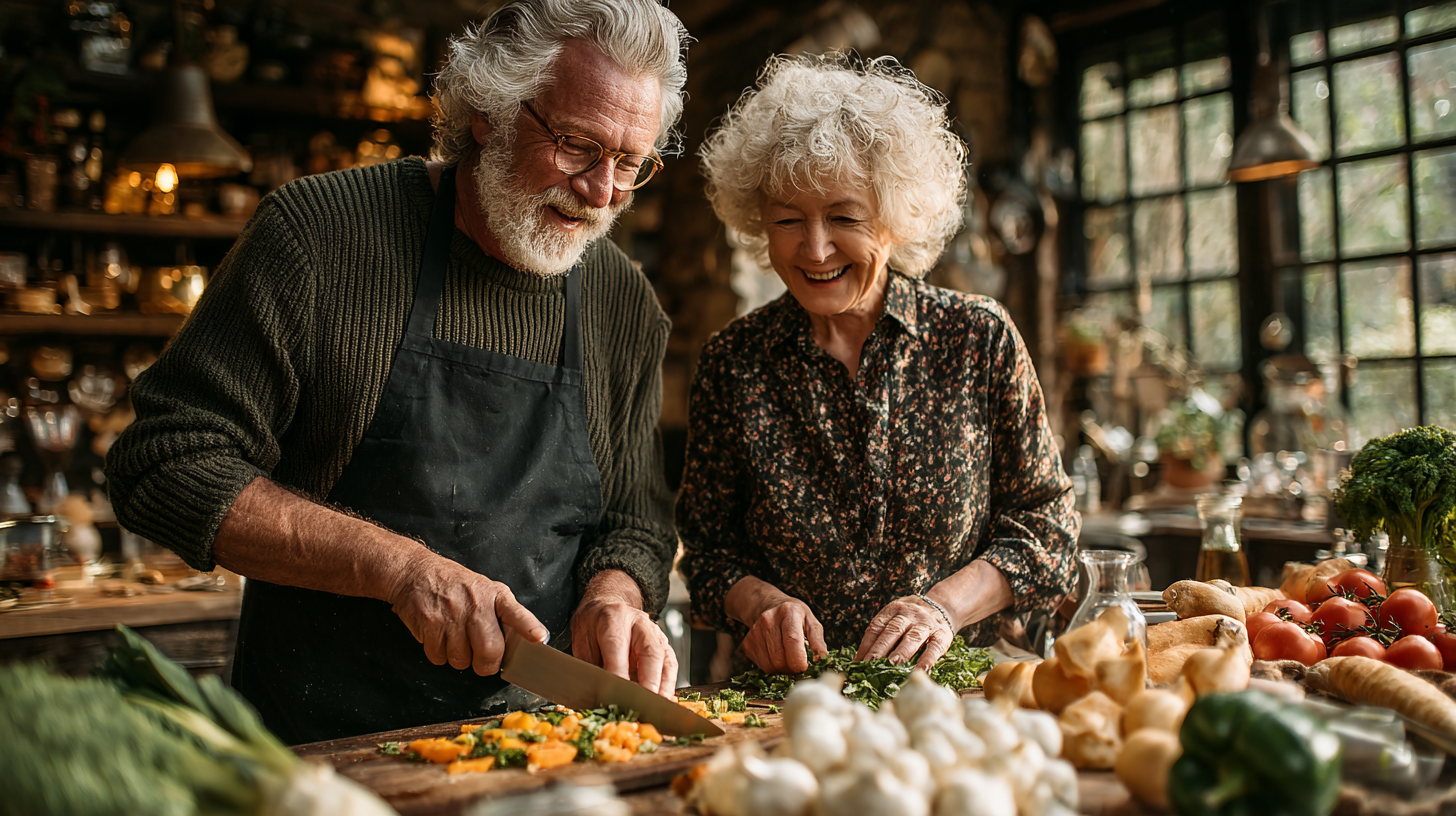 Пара старшого віку готує здорову їжу
